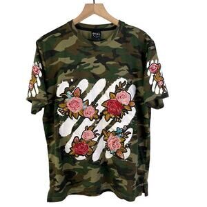 Krisp NYC Men Graphic Tee Size Large Camouflage Floral Embroidered T-Shirt‎